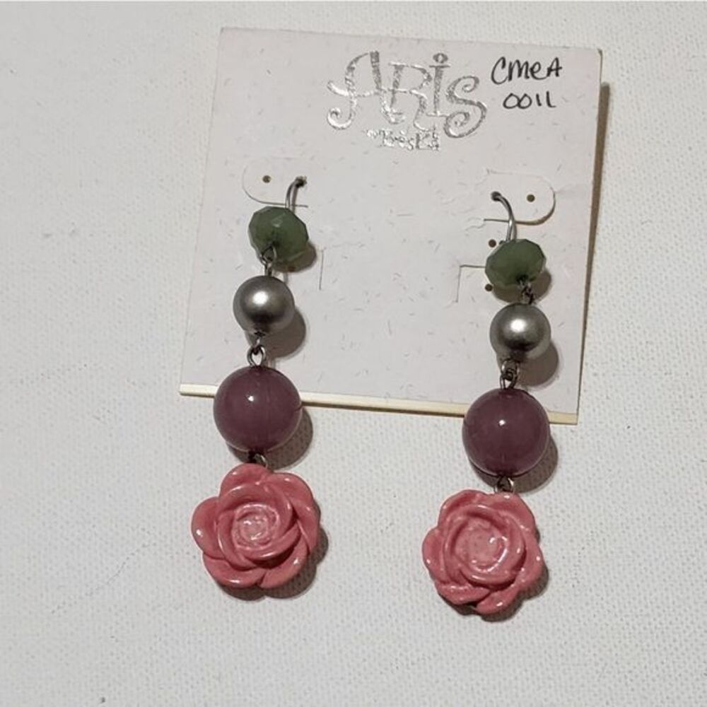 Aris by Treska‎ Pink Rose Drop Earrings Beaded Floral Dangle Silver Tone Hook